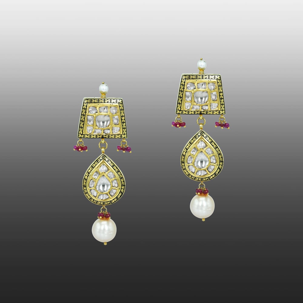 Geometric Polki Earrings with Ruby Beads, Partash work, and Pearls